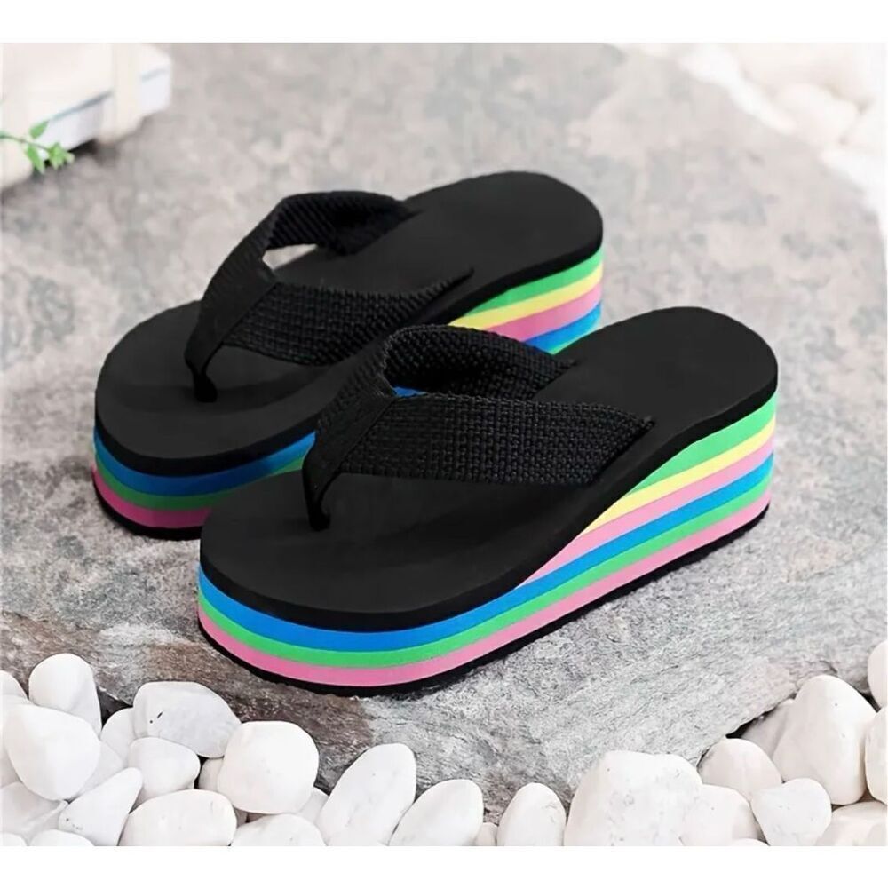 NWT Gorgeous 8 Black Rainbow 80’s Style Wedge Platform Comfy Flip Flop Sandals - Picture 7 of 9
